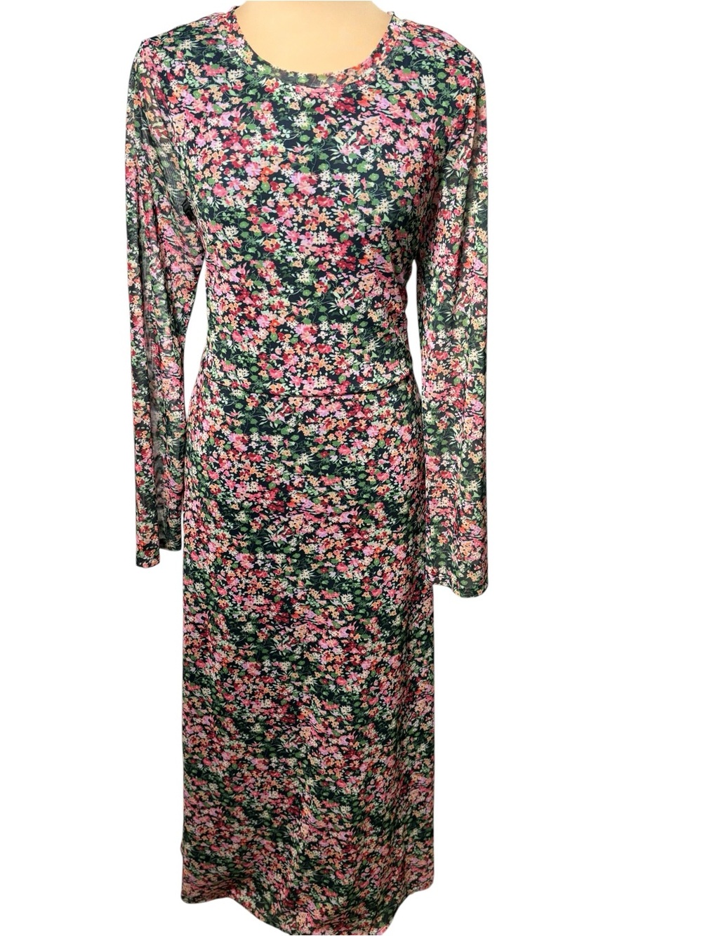 Eva Franco Anthropologie Floral Mesh Maxi Dress Boho Long Sleeve Size M